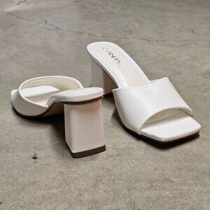 White Block Heel Mules With Open Square Toe Womens Heeled Sandals